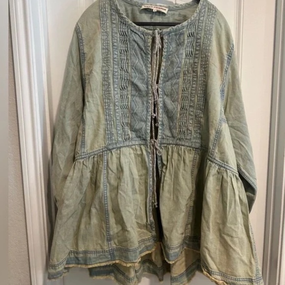 Free People Sweet Summer Bed Jacket in Light Chambray Combo sz  medium EUC - Picture 4 of 9
